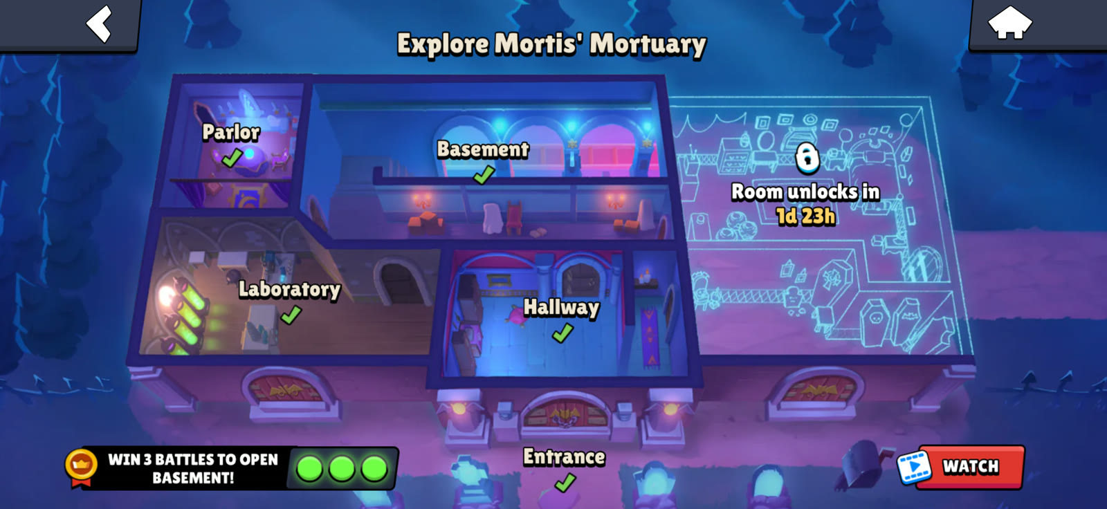 Find Gus map showing the Basement and its win-three-battles requirement