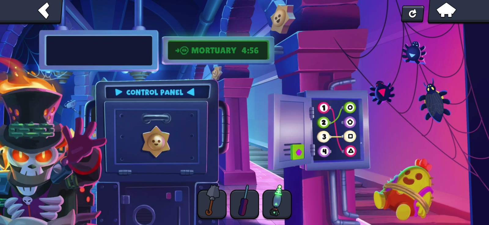Open Basement fuse box with the square button beside its door and bugs covering the other shapes
