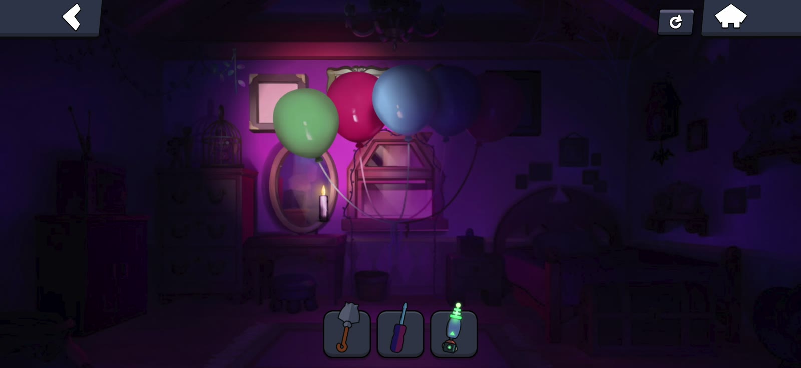 Candle lighting the balloons and wall pictures in the Find Gus Bedroom