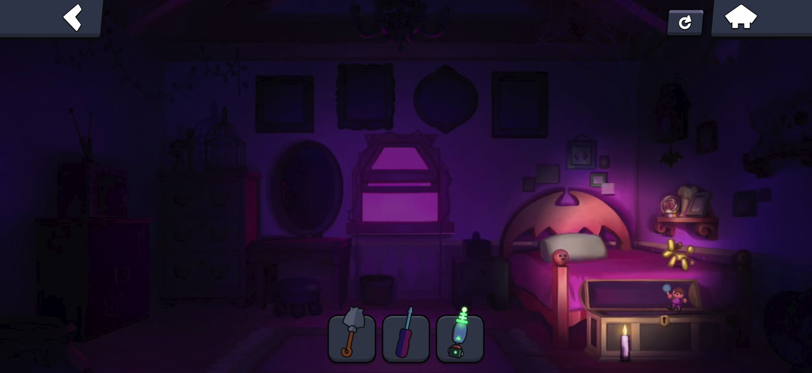 Open chest at the foot of the bed during the boy doll puzzle