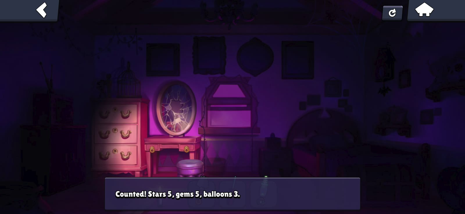 Bedroom dialogue confirming five stars five gems and three balloons collected
