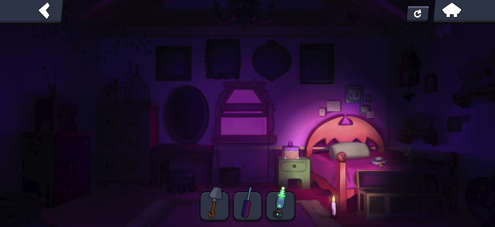 Candle illuminating the bed where the dog collar appears