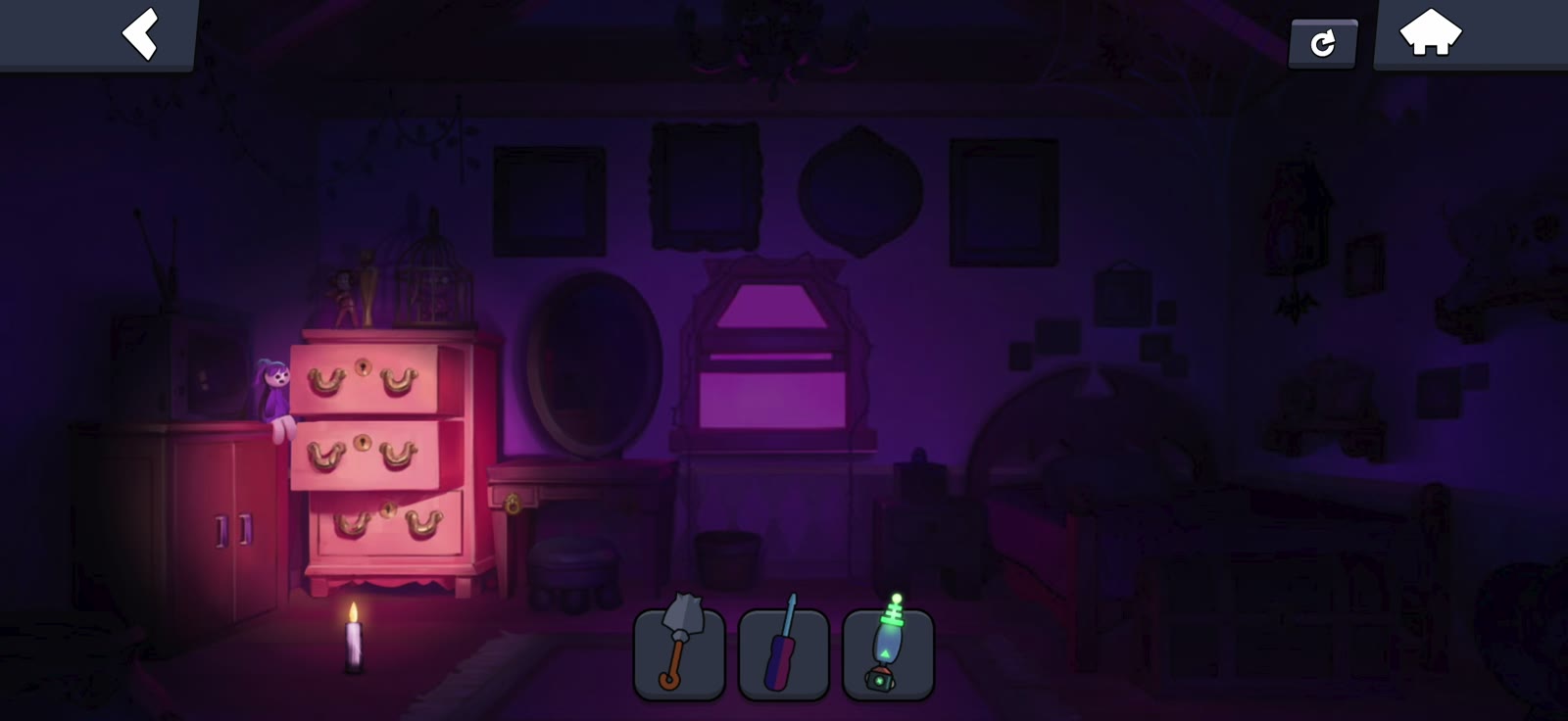 Woman doll beside the left cabinet and drawers in the Bedroom