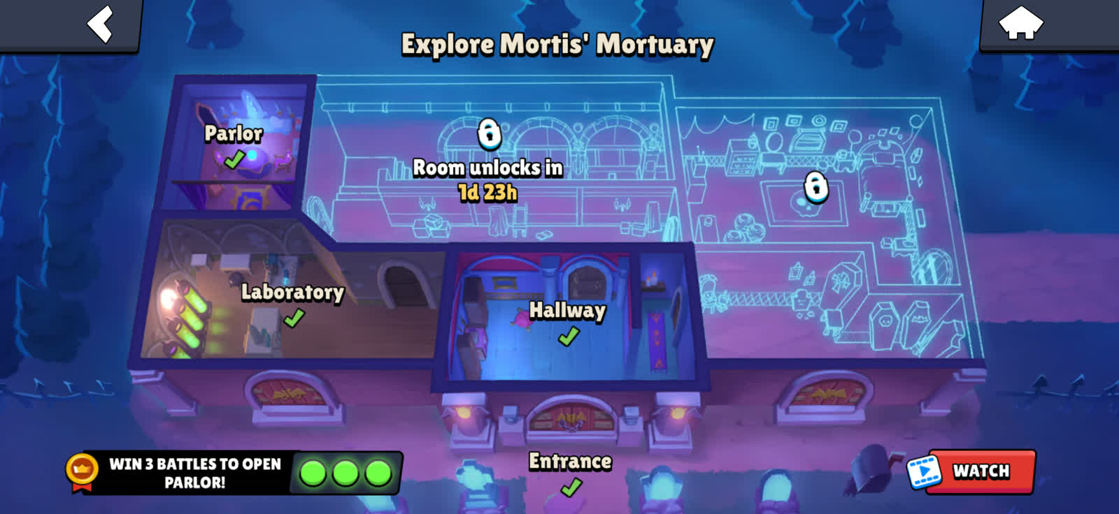 Find Gus map showing the Parlor and its win three battles unlock requirement