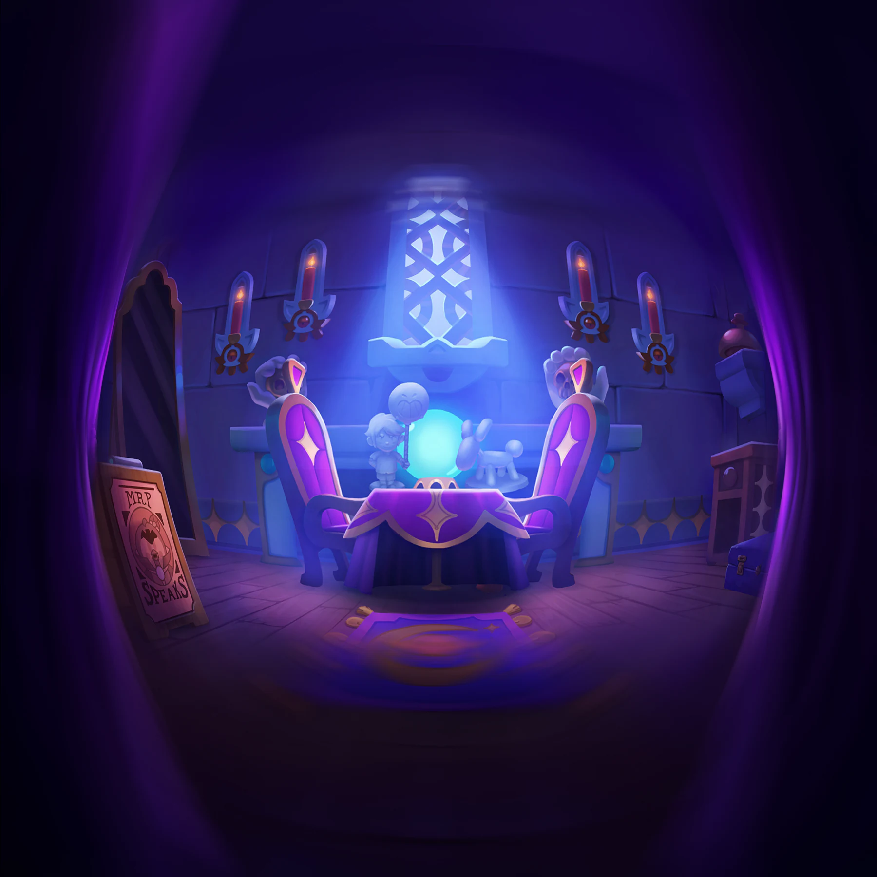 Parlor vision 1 solution: both chairs in, four lit candles and Gus and Spookie on the table