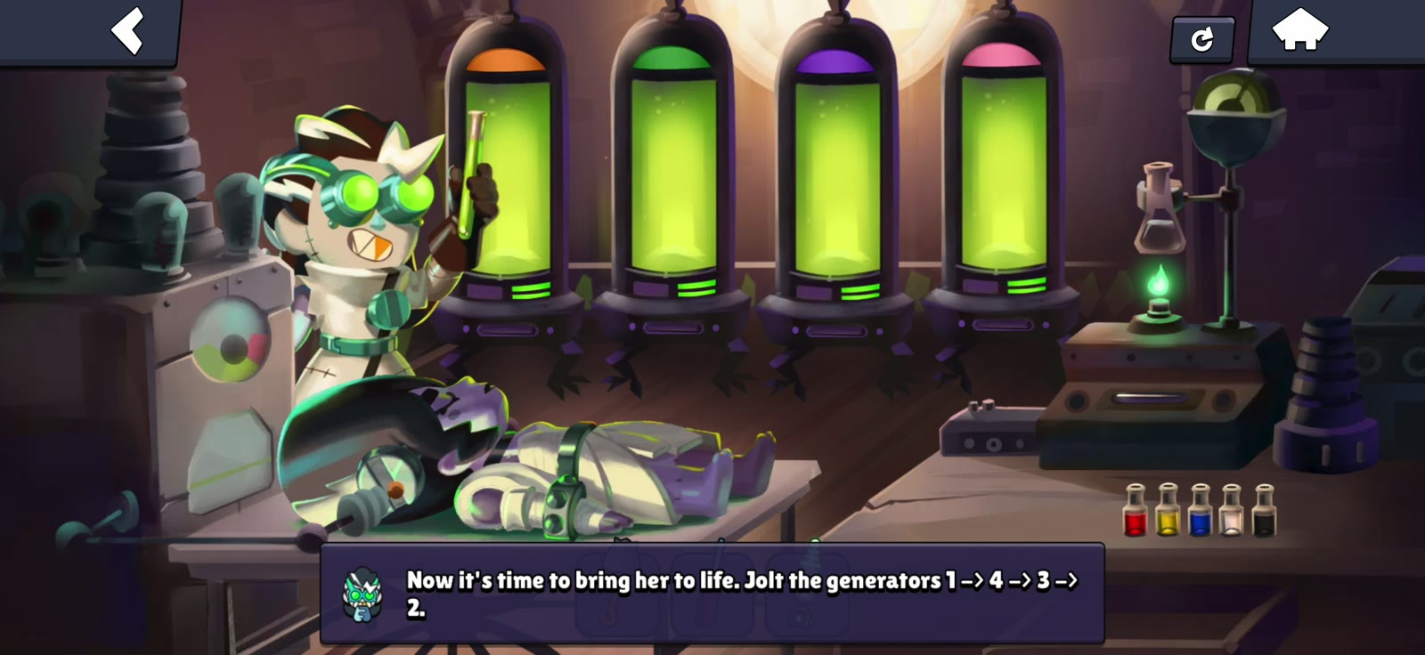 Belle displays the first randomized generator order after Piper is assembled