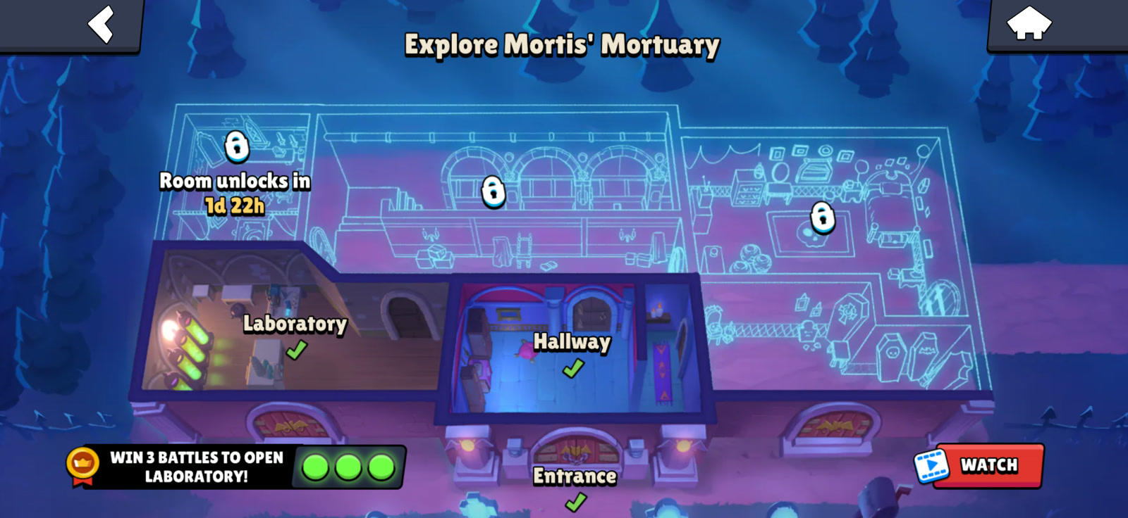 Mortis Mortuary map showing the win 3 battles to open Laboratory requirement