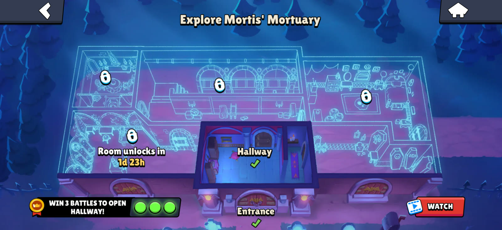 Mortis Mortuary map with green completion checkmarks on Entrance and Hallway