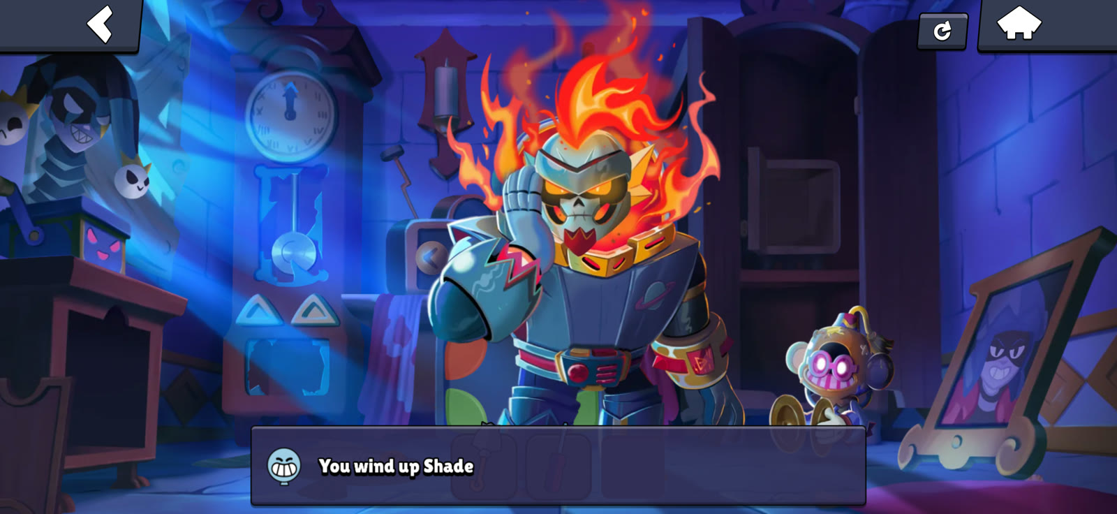 Shade holding the cymbals beside Damian with the message You wind up Shade
