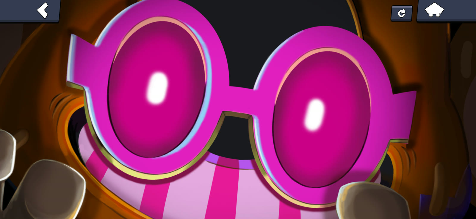 Shade jumpscare with bright pink glasses filling the screen