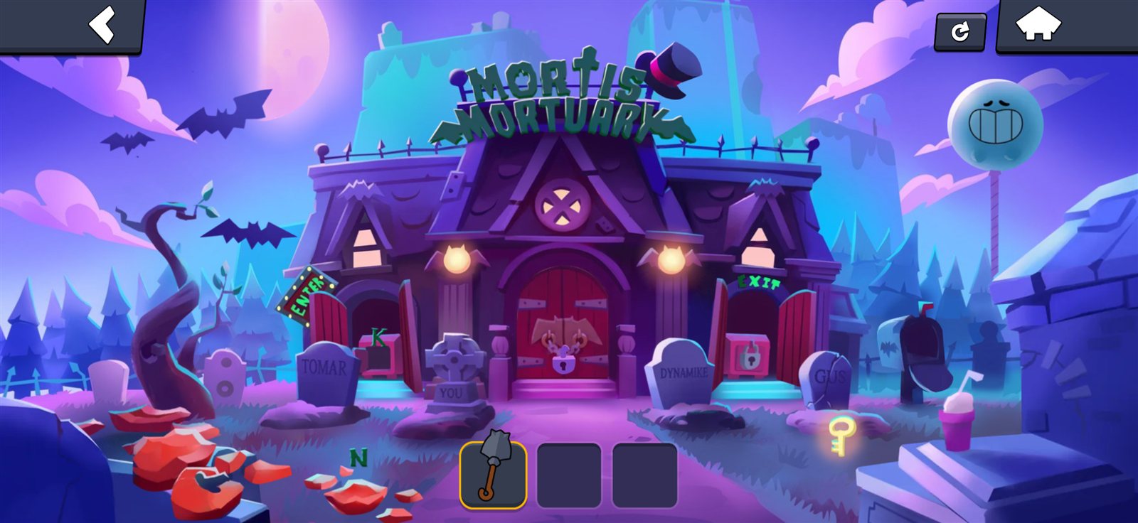 A glowing key in front of the completed GUS gravestone on the far right
