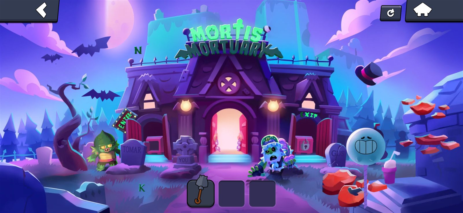 The MORTIS letters lit on the sign, with both upstairs windows visible and Mortis' hat floating to the right