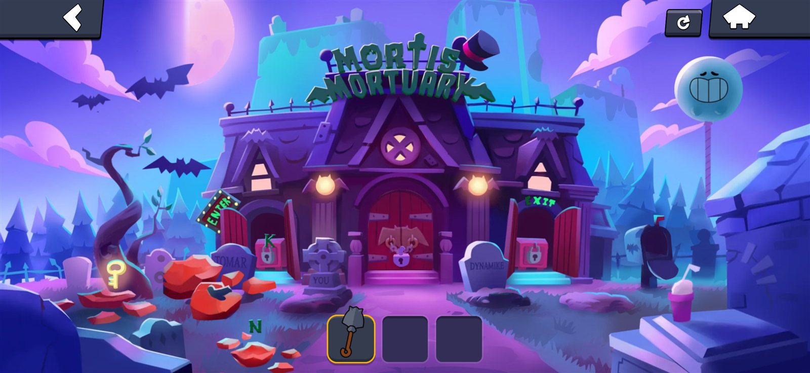 Smashed pumpkins reveal a glowing key at the left tree and an N on the ground; K sits above the left chest